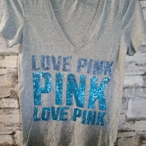 Gray V-Neck T-Shirt with Blue Glitter Text
